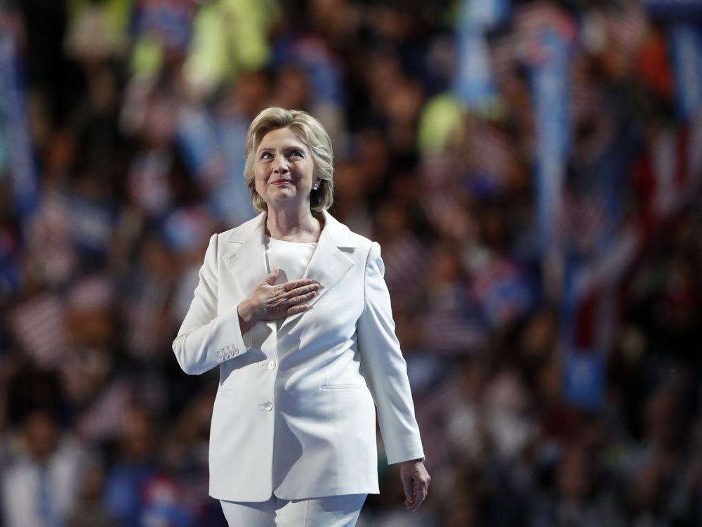 Democratic presidential nominee Hillary Clinton takes the stage to give her acceptance speech during the final day of the Democratic National Convention in Philadelphia, Thursday