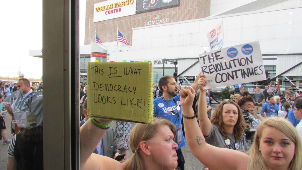 Hundreds of Bernie Sanders delegates and supporters walked out of the Wells Fargo Arena to protest the way the Democratic Party has treated their campaign