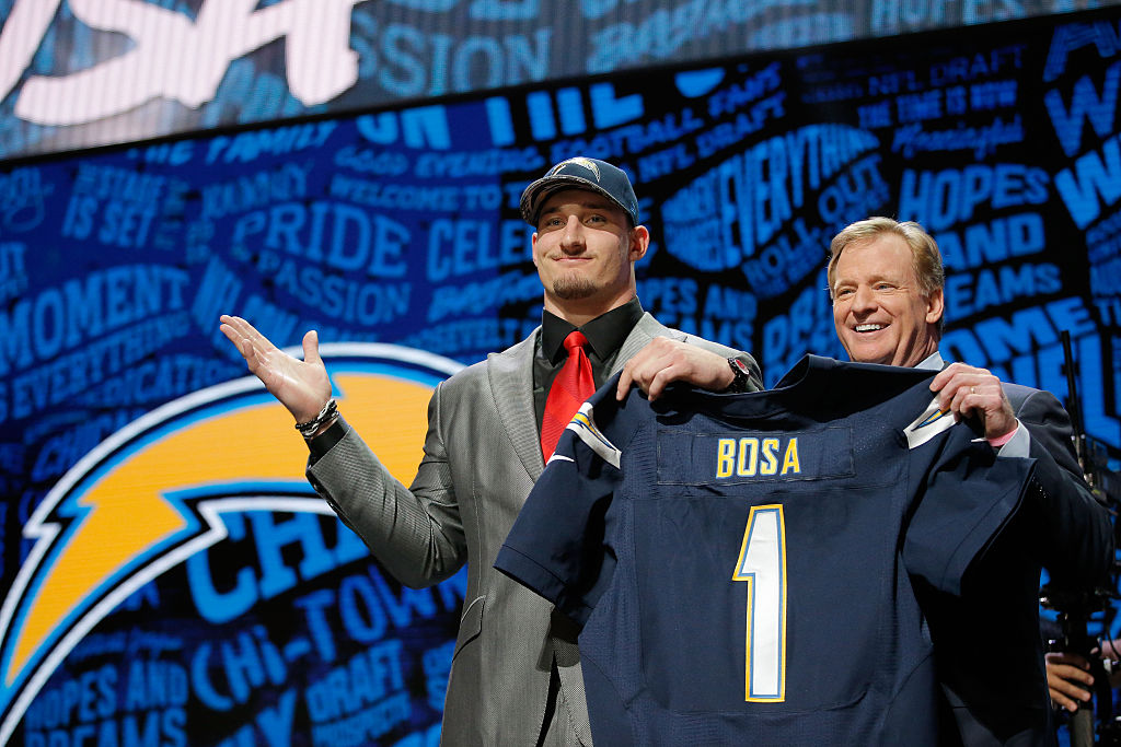 CHICAGO IL- APRIL 28  Joey Bosa of Ohio State holds up a jersey with NFL Commissioner Roger Goodell after being picked #3 overall by the San Diego Chargers during the first round of the 2016 NFL Draft at the Auditorium Theatre of Roosevelt Univer