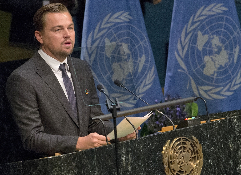 Di Caprio as he speaks during the Paris Agreement on climate change ceremony at U.N. headquarters. The Leonardo Di Caprio Foundation said Thursday