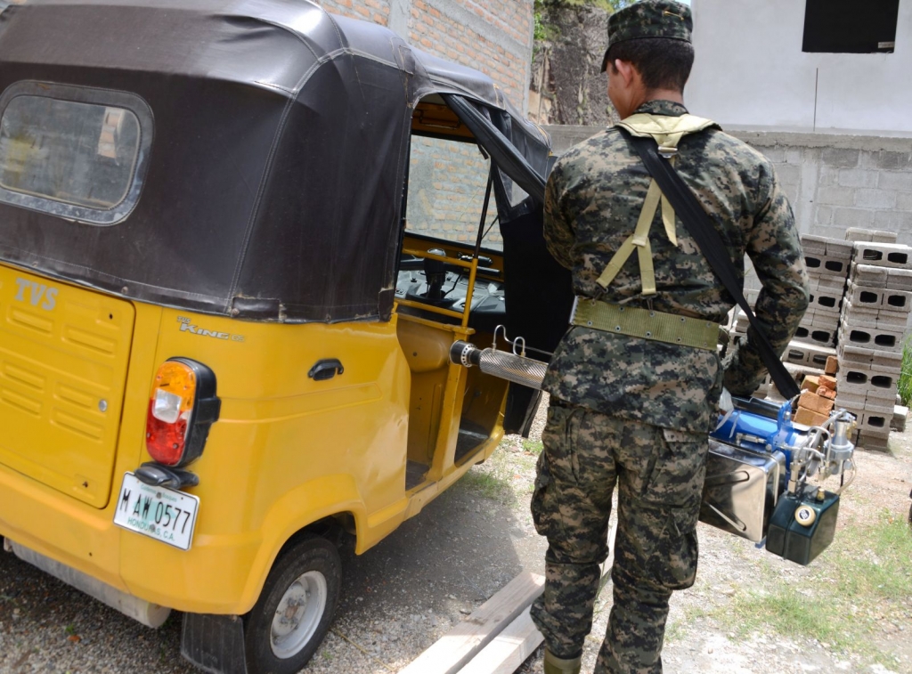 Honduran army soldiers go to the streets to fighy the Aedes aegypti mosquito vector of the Zika virus