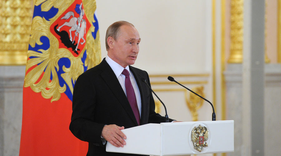 Russian President Vladimir Putin addresses the meeting with the national Olympic team before its sendoff to the 2016 Summer Olympics in Rio de Janeiro. The Kremlin