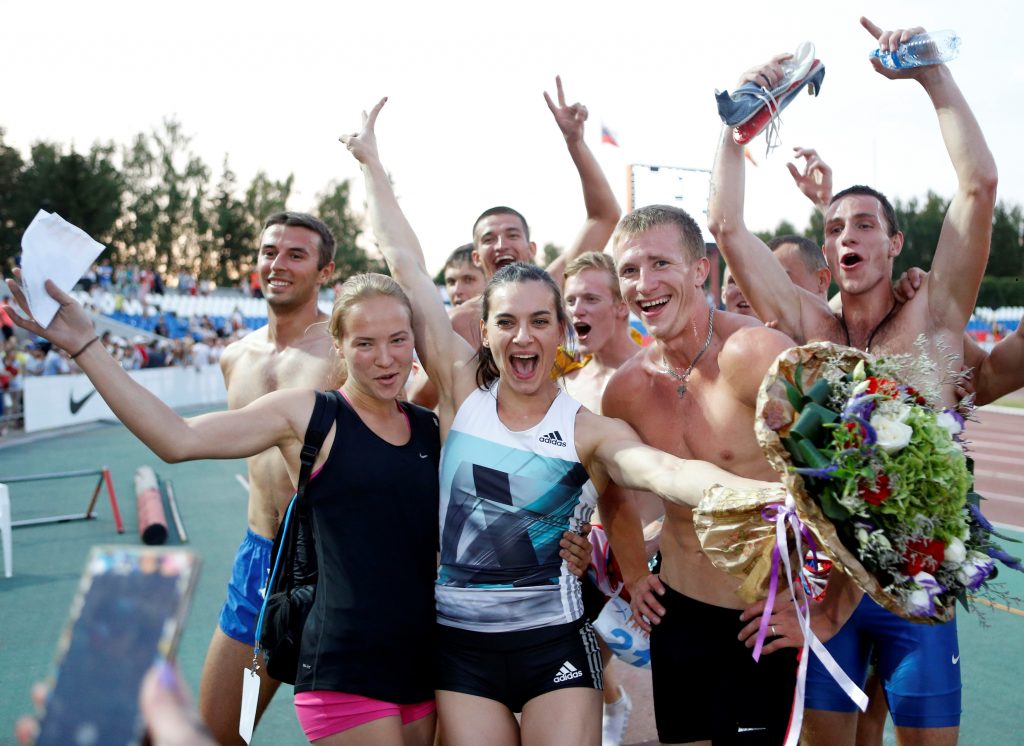 Athletics celebrate during the Russian track and field championship held in June 2016 in Cheboksary Russia Valeriya Nikonova and Yelena Isinbayeva pose for