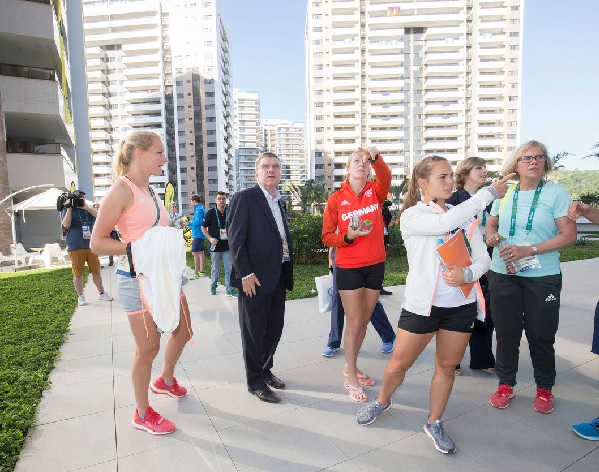 IOC President Bach meets with the German athletes at the Rio 2016 Olympic Village