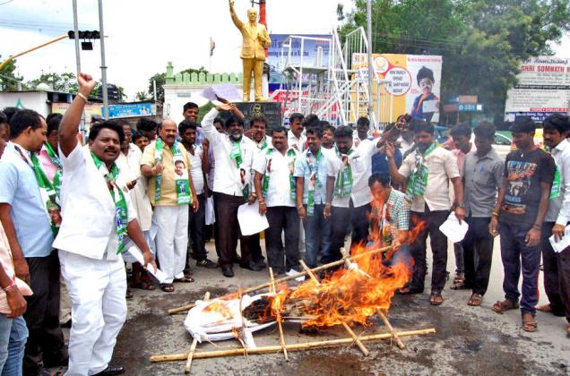 JD activists burning an effigy of the State government in Raichur on Saturday