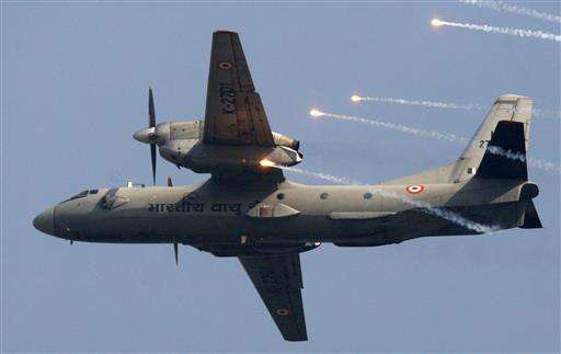 Indian Air Force's AN-32 transport aircraft releases chaff as it flies past the IAF Day Parade in New Delhi India. A spokesman for India's defense ministry says the Indian air force has lost