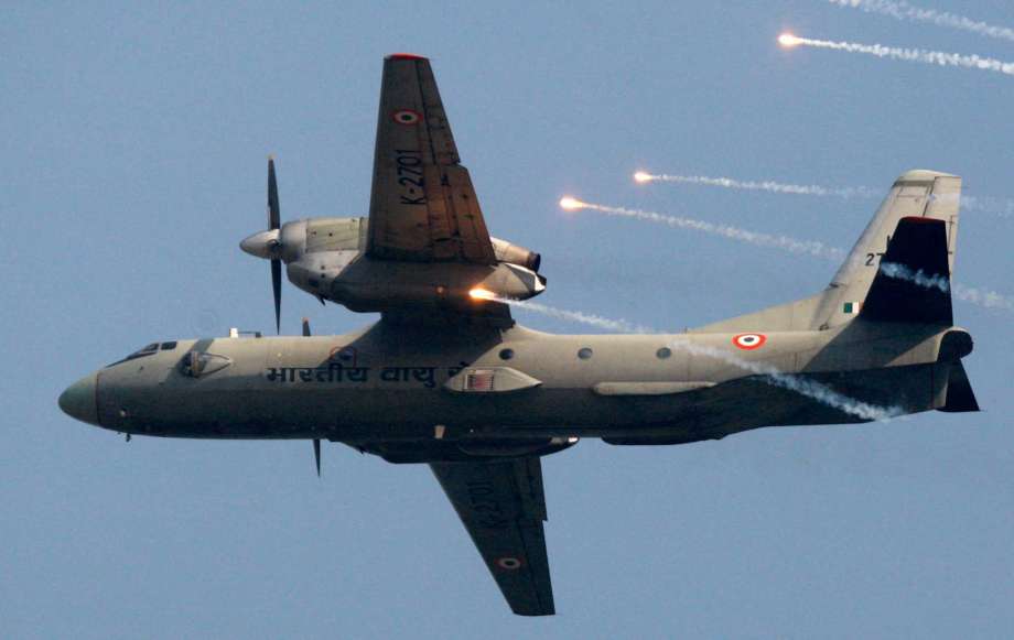 Indian Air Force's AN-32 transport aircraft releases chaff as it flies past the IAF Day Parade in New Delhi India. A spokesman for India's defense ministry says the Indian air force has lost cont