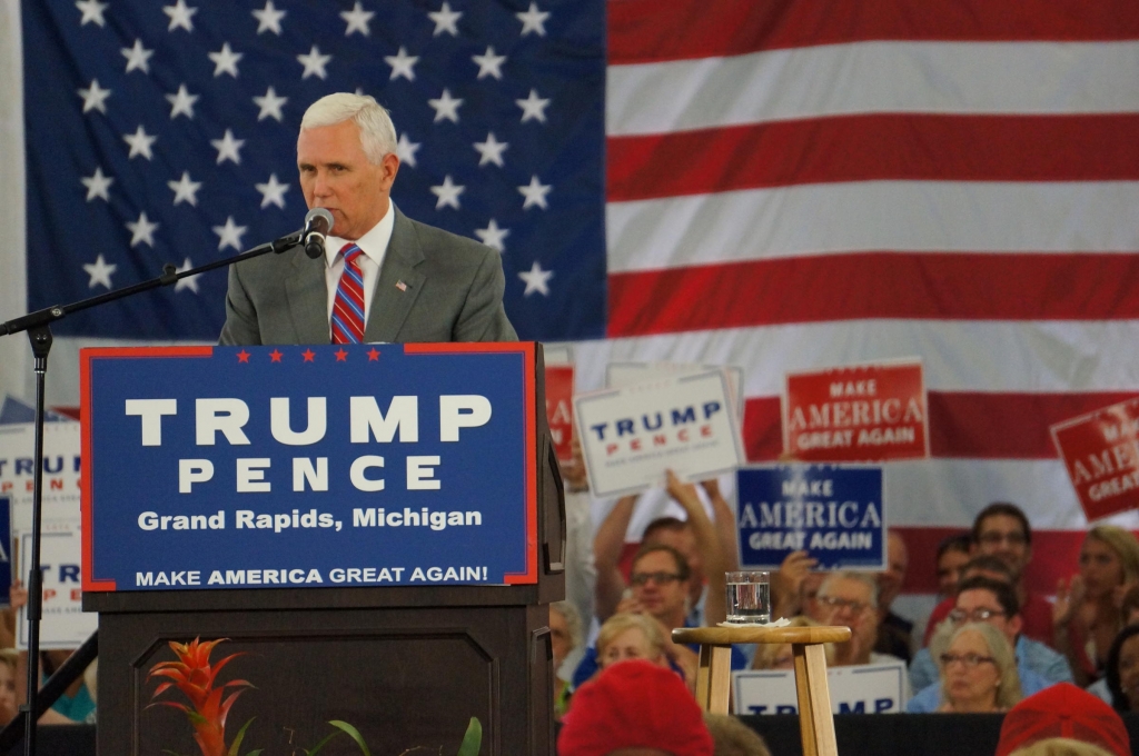 Indiana Governor Mike Pence gets the crowd cheering during his speech in Grand Rapids MI