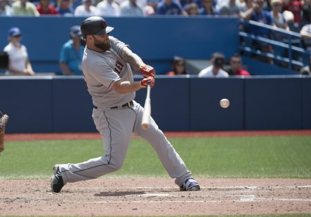 Indians first baseman Mike Napoli swings at a pitch during a game against the Toronto Blue Jays. Mandatory Credit Nick Turchiaro-USA TODAY Sports