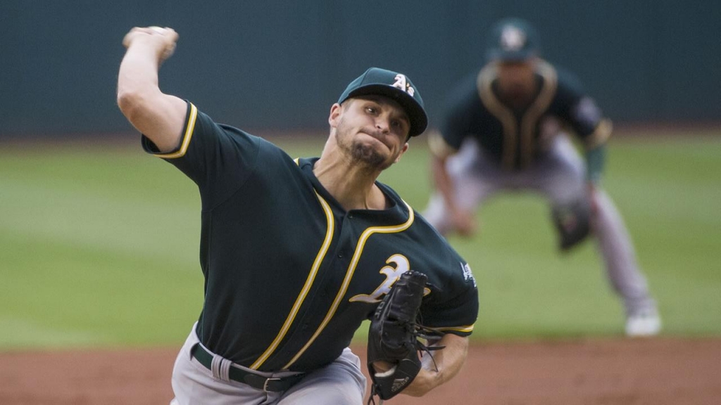 Oakland Athletics Kendall Graveman delivers to a Cleveland Indians batter during the first inning of a baseball game in Cleveland Friday