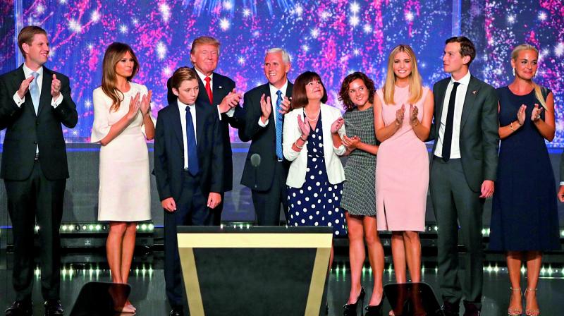 Republican Presidential Candidate Donald Trump and Republican Vice Presidential nominee Gov. Mike Pence of Indiana with their families at the conclusion of the Republican National Convention in Cleveland