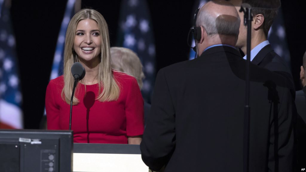 Ivanka Trump daughter of Republican presidential candidate Donald Trump talks with production crew during a walk through in preparation for her speech at the Republican National Convention in Cleveland