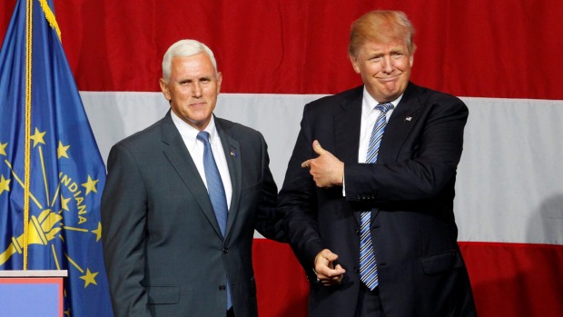 Republican presidential candidate Donald Trump with Indiana Governor Mike Pence during a campaign stop on July 12