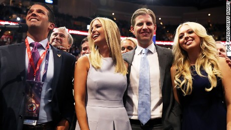 Donald Trump Jr., along with Ivanka Trump, Eric Trump and Tiffany Trump, take part in the roll call in support of Republican presidential candidate Donald Trump on the second day of the Republican National Convention