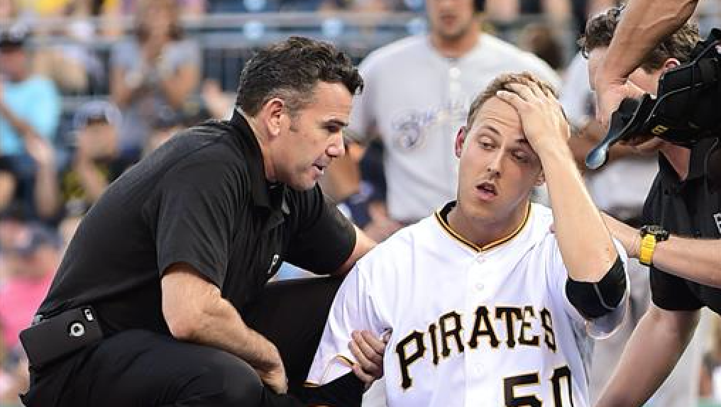 Jameson Taillon was hit by a ball off the bat of Herman Perez but stayed in the game