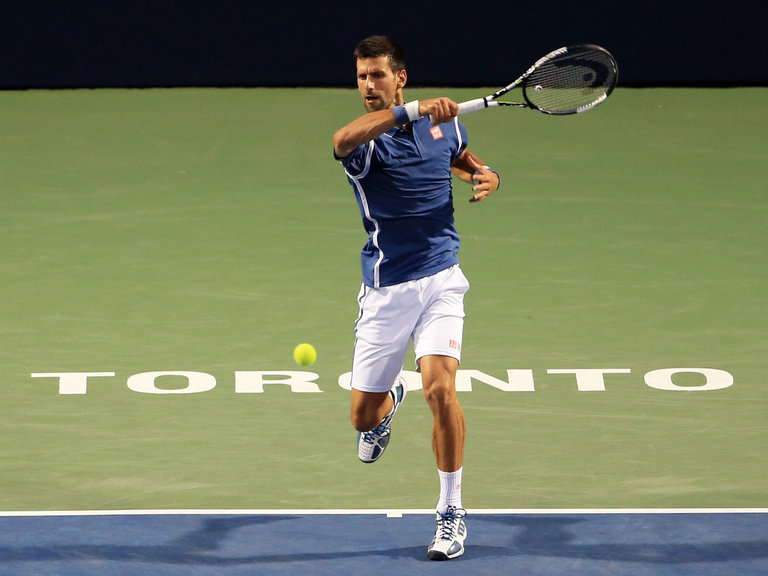 Novak Djokovic on his way to victory over Radek Stepanek at the Aviva Centre