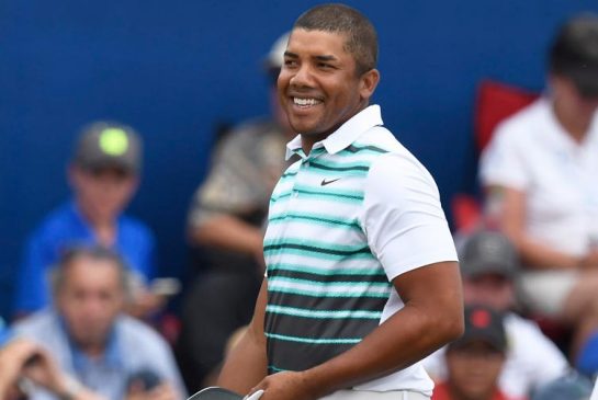 Jhonattan Vegas of Venezuela smiles after finishing his round during the final round at the Canadian open golf tournament at Glen Abbey in Oakville Ontario on Sunday