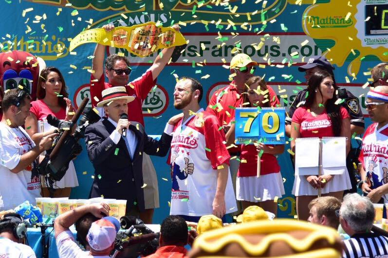 Joey Chestnut winning the Nathan's Famous hot dog eating contest