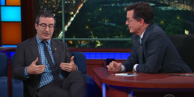 Jon Oliver explains his'inbuilt heat detector to Stephen Colbert