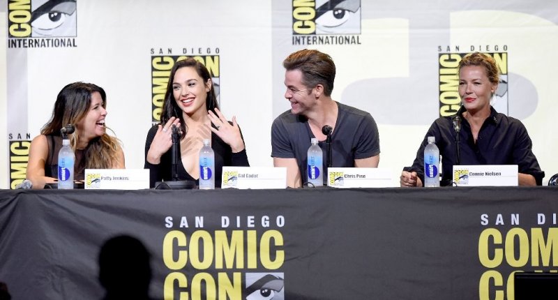 Director Patty Jenkins actors Gal Gadot Chris Pine and Connie Nielsen attend the Warner Bros. presentation during Comic-Con