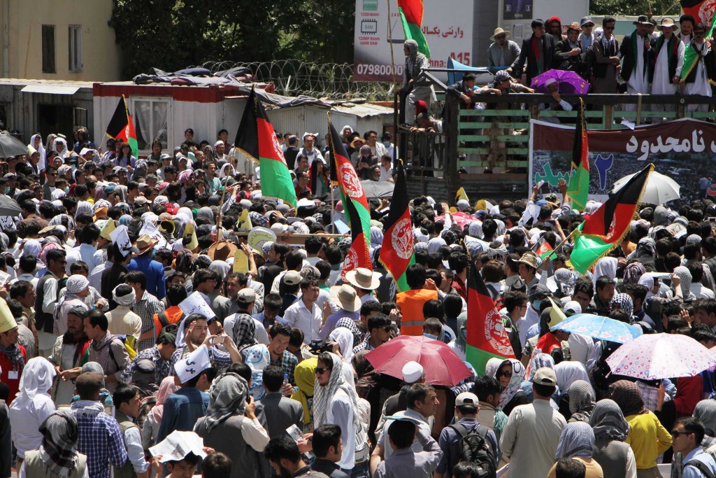 KABUL AFGHANISTAN-JULY 23 Afghan protesters from Hazara minority shout slogans during a protest against rerouting of the TUTAP power line in Kabul Afghanistan