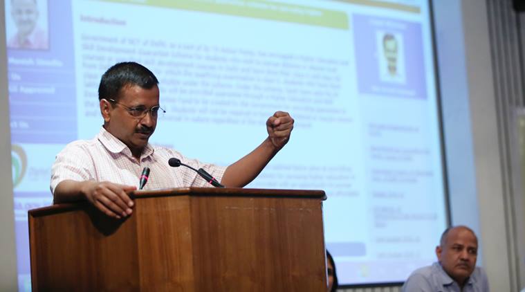 Delhi CM Arvind Kejriwal and Deputy CM Manish Sisodia at the launch of the students loans portal for higher education in the capital New Delhi on monday. Express