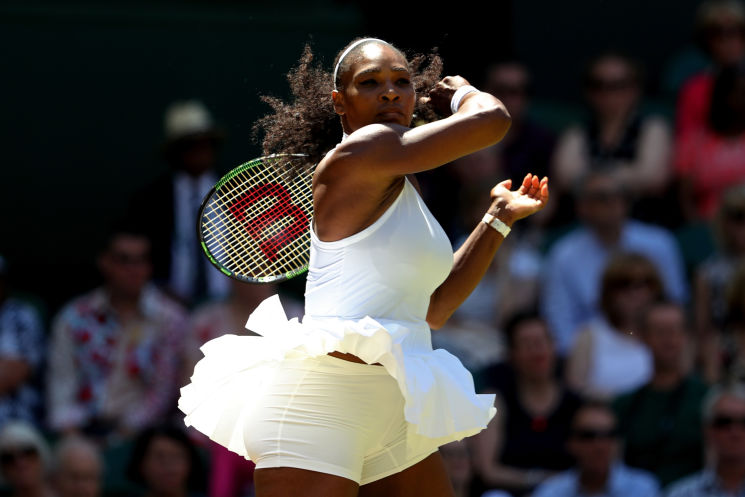 Serena Williams wins her Wimbledon semifinal against Elena Vesnina 6-2 6-0 and Saturday will try for the third time this year to tie Steffi Graf for most Grand Slam titles in the Open era