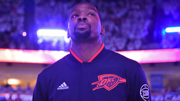 Kevin Durant #35 of the Oklahoma City Thunder stands on the court before Game Four of the Western Conference Finals against the Golden State Warriors during the 2016 NBA Playoffs