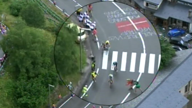 Kiwi rider George Bennett hits a spectator on the hills of the Pyrenees and goes on to finish seventh on stage 9 of the