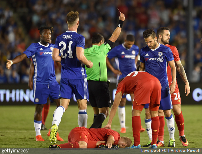 Cesc Fabregas sent off for dangerous tackle on Liverpool's Ragnar Klaven