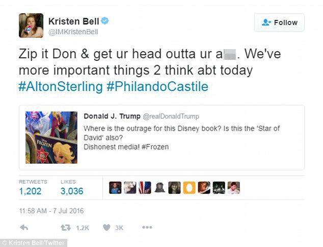 Kristen Bell told Trump on Thursday'#Zip it Don & get ur head outta ur