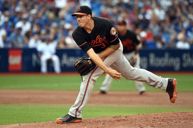 Baltimore Orioles starting pitcher Kevin Gausman throws against the Toronto Blue Jays during the first inning of a baseball game Friday