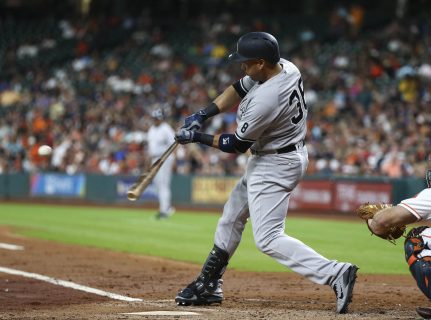 Jul 26 2016 Houston TX USA New York Yankees designated hitter Carlos Beltran hits a single during the third inning against the Houston Astros at Minute Maid Park. Mandatory Credit Troy Taormina-USA TODAY Sports