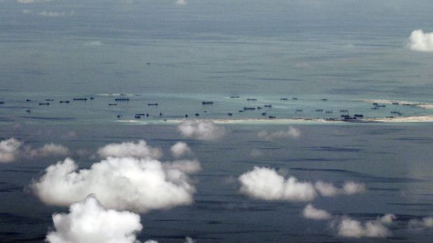 Land reclamation of Mischief Reef in the Spratly Islands in the South China Sea