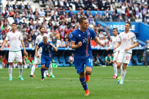 Iceland's Gylfi Sigurdsson celebrates putting his side ahead in their 1-1 draw with Hungary