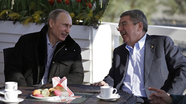 Laughing to Rio Russian President Vladimir Putin left and IOC President Thomas Bach at the 2014 Winter Olympics in Sochi