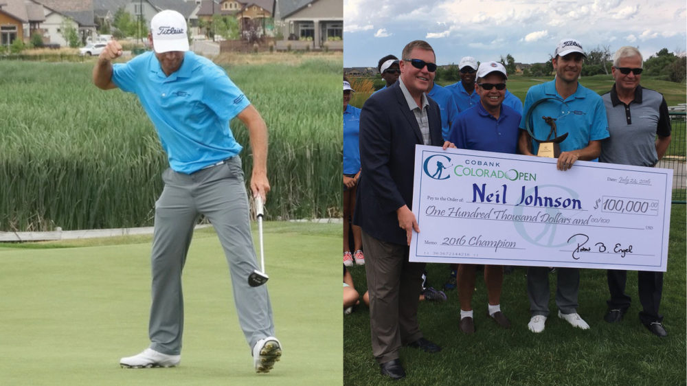 Left Neil Johnson fist pumps on the 18th green after winning the Colorado Open