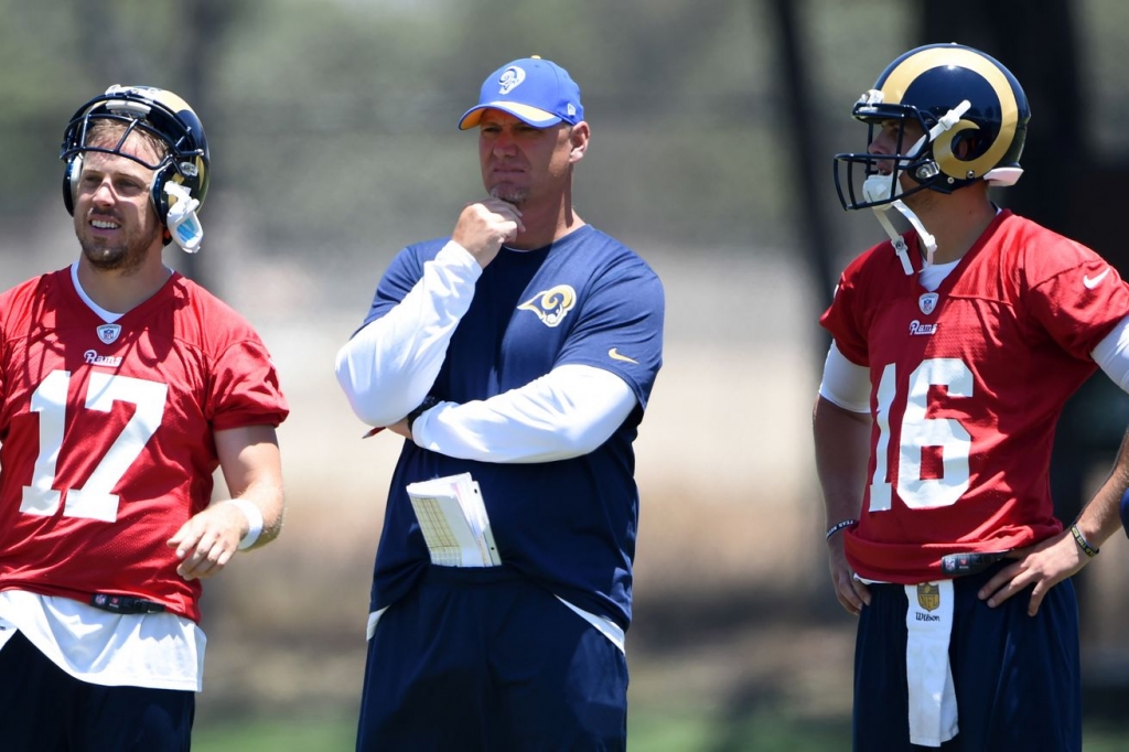 2016 Los Angeles Rams QBs Case Keenum Jared Goff and QB Coach Chris Weinke- Kirby Lee-USA TODAY Sports