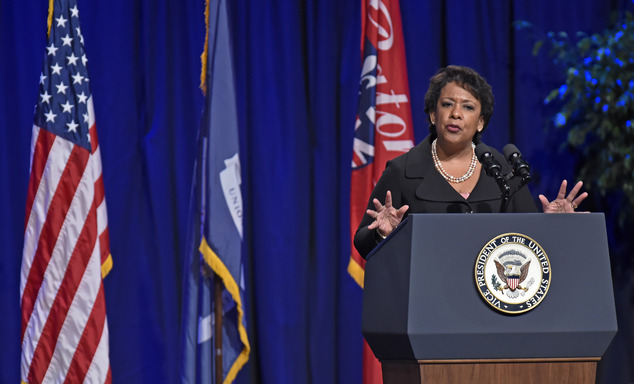 Attorney General Loretta Lynch delivers remarks during a memorial service for three law enforcement officers at Healing Place Church in Baton Rouge La. Thu