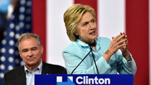 US Democratic presidential candidate Hillary Clinton introduces her running mate US Senator Tim Kaine at a campaign rally at Florida International University in Miami