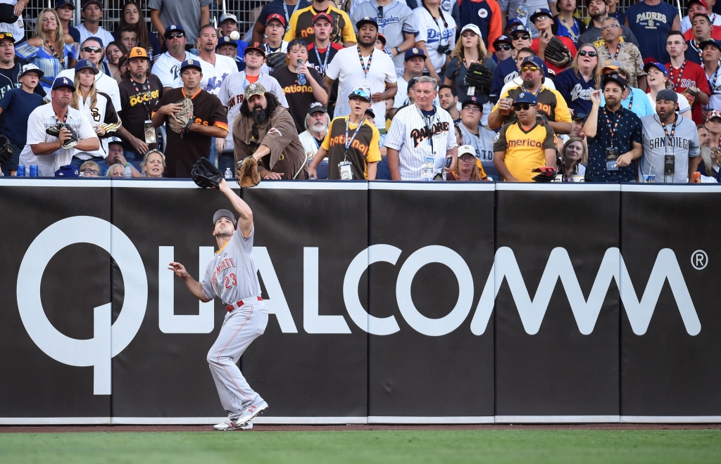 Jul 12 2016 San Diego CA USA National League outfielder Adam Duvall of the Cincinnati Reds catches a fly ball in the 5th inning in the 2016 MLB All Star Game at Petco Park. Mandatory Credit Gary A. Vasquez-USA TODAY Sports