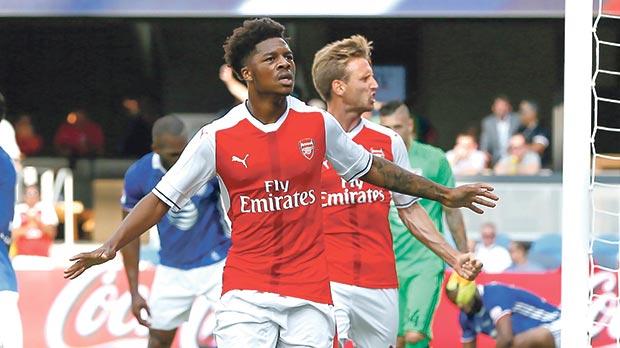 Arsenal striker Chuba Akpom reacts after his late winner against the MLS All-Stars