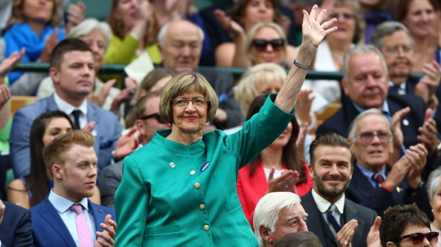 Margaret Court is announced to the crowd at Wimbledon this year