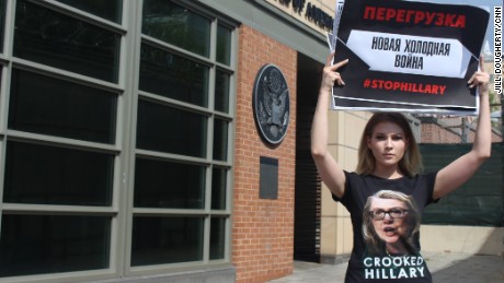 Maria Katasonova protests against Hillary Clinton outside the U.S. embassy in Moscow