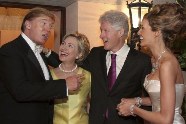 Donald Trump Sr. and Melania Trump with Hillary Clinton and Bill Clinton at their wedding reception held at The Mar-a Lago Club