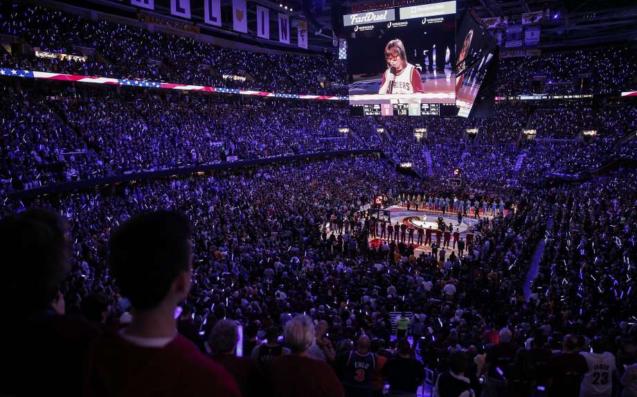 19-year-old singer and musician Marlana Van Hoose sings the National Anthem before Game 6 of The NBA Finals between the Golden State Warriors and Cleveland Cavaliers at The Quicken Loans Arena on Tuesday