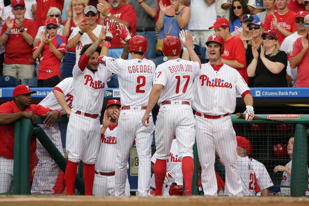 Tyler Goeddel #2 of the Philadelphia Phillies celebrates with teammates after hitting a two-run home run in the first inning during a game against the Miami Marlins at Citizens Bank Park