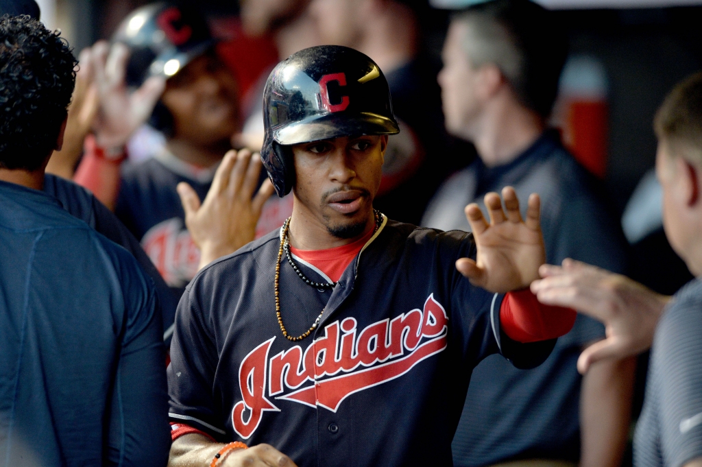 Jul 5 2016 Cleveland OH USA Cleveland Indians shortstop Francisco Lindor celebrates after scoring during the fifth inning against the Detroit Tigers at Progressive Field. Mandatory Credit Ken Blaze-USA TODAY Sports