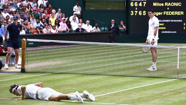 DOWN FOR THE COUNT:Milos Raonic had the seven-time champion Roger Federer in all sorts of trouble before prevailing in five sets to make his maiden Grand Slam final