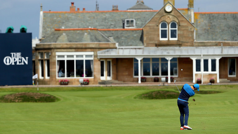 McIlroy hits a shot on the 18th hole during his practice round at Royal Troon on Tuesday